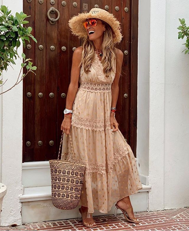 Women's sleeveless maxi dress with delicate lace embroidery, flowy lightweight cotton blend summer silhouette