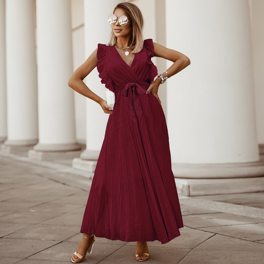 Women's elegant sleeveless maxi dress, V-neck ankle-length with pleated ruffle shoulders, lightweight viscose