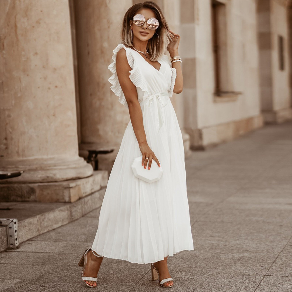 Women's elegant sleeveless maxi dress in ankle-length silhouette with V-neck and pleated ruffle shoulders