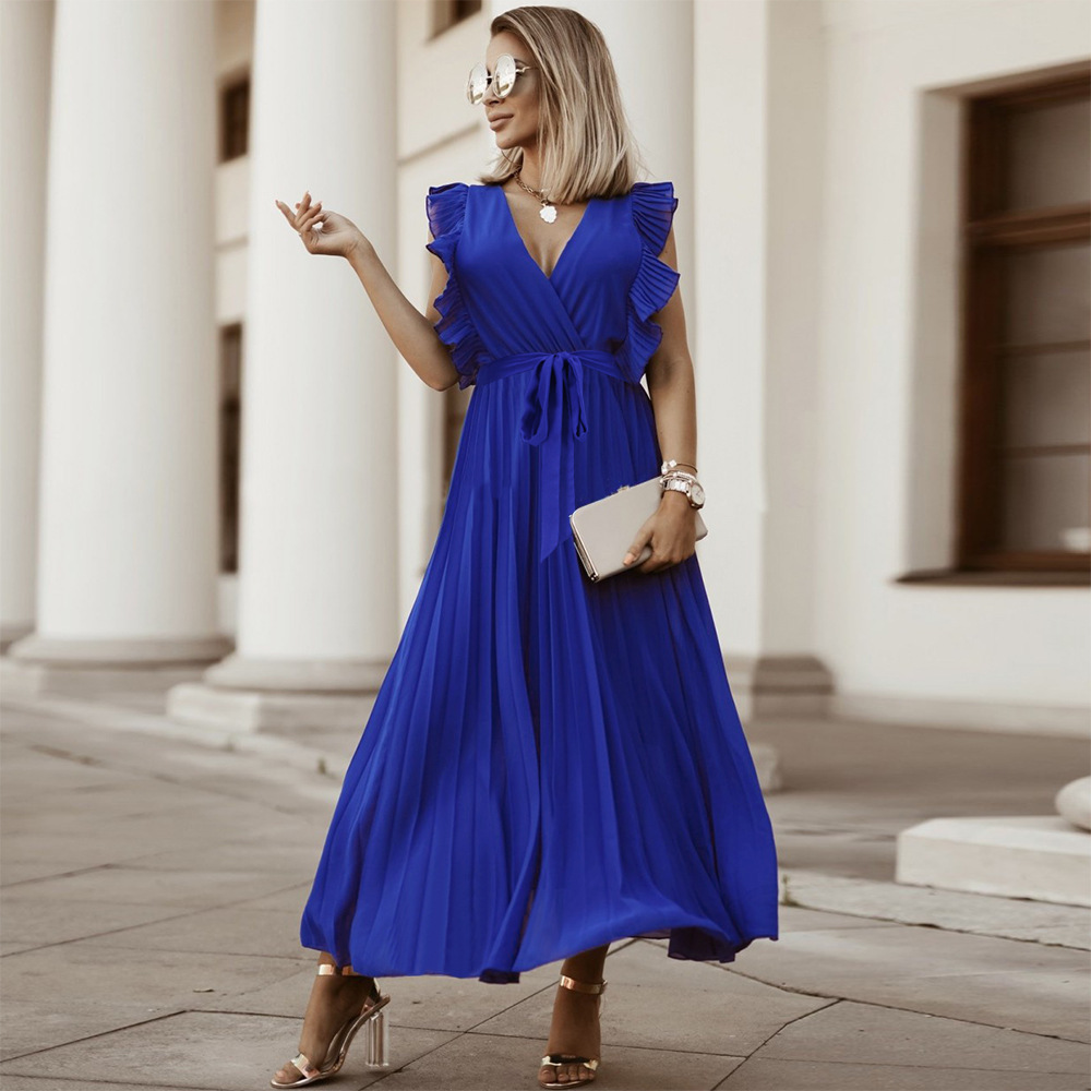 Women's sleeveless maxi dress in elegant ankle-length cut with pleated ruffle shoulders and V-neckline