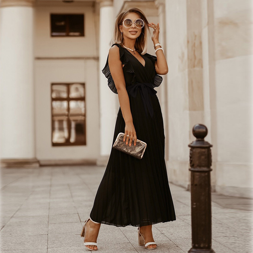 Women's elegant sleeveless maxi dress with V-neck, pleated ruffle shoulders, ankle-length, lightweight viscose