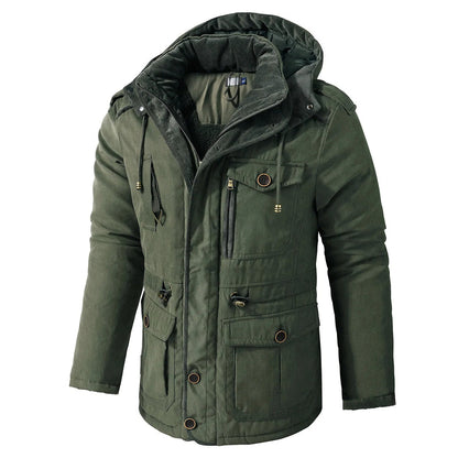 Men's olive utility jacket hooded windproof weather-resistant with multiple cargo pockets outdoor style