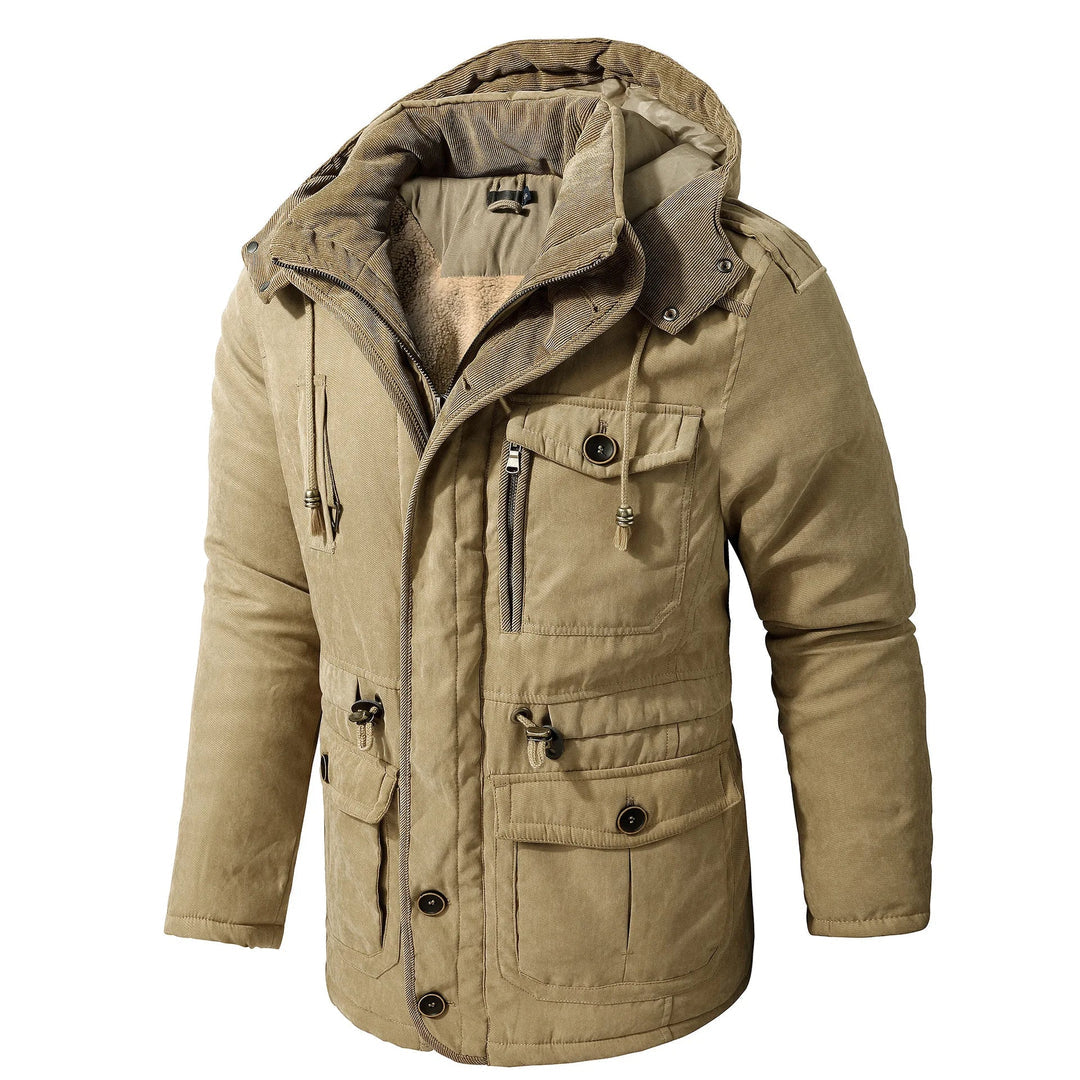 Men's olive utility jacket hooded windproof weather-resistant shell with multiple pockets outdoor style