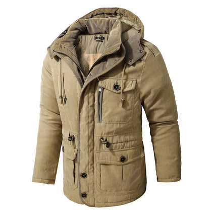 Men's olive utility jacket hooded windproof weather-resistant shell with multiple pockets outdoor style