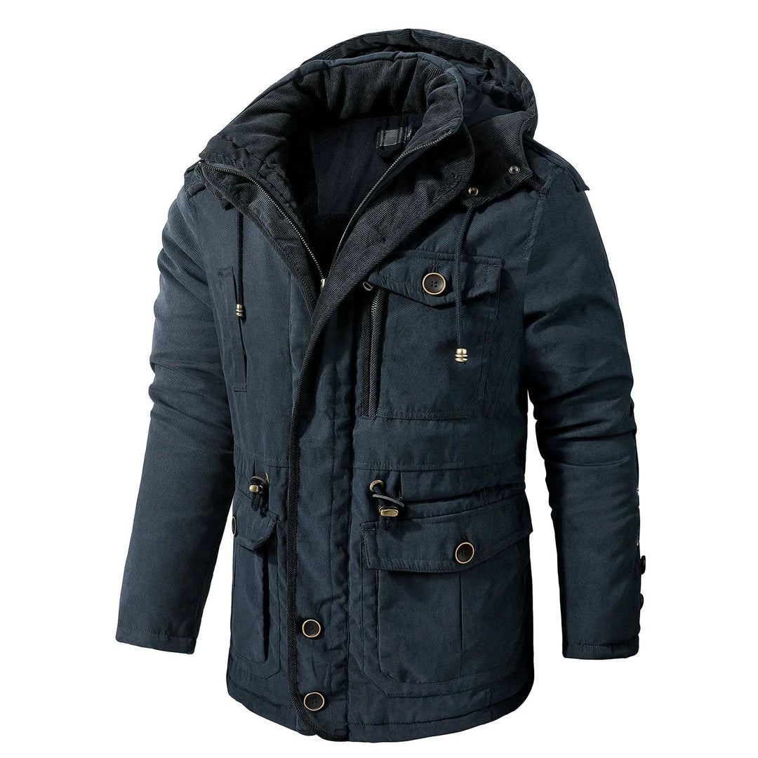 Men's olive utility jacket hooded windproof weather-resistant shell with multiple cargo pockets