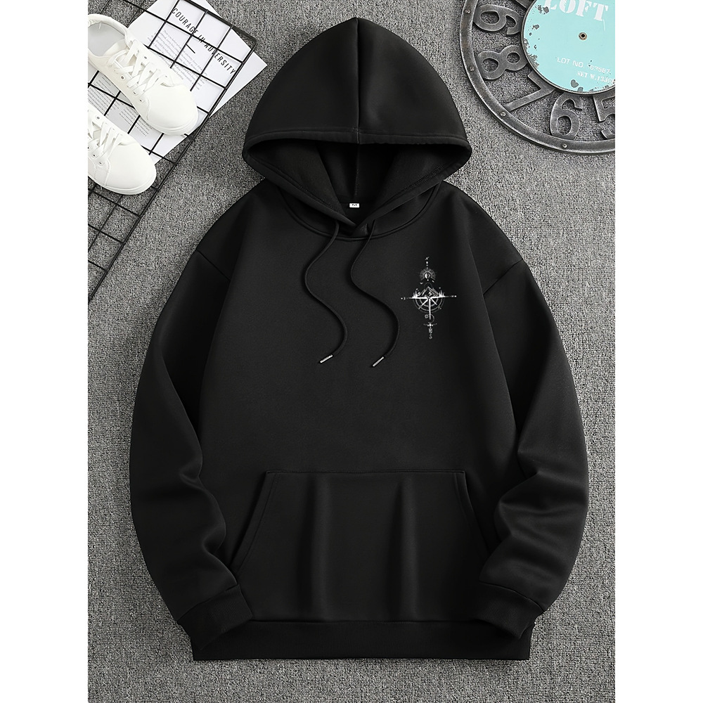 Men's regular fit cotton hoodie with drawstring hood and compass print for casual wear