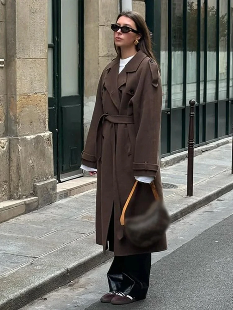 Women's wool blend trench coat double-breasted belted waist full-length elegant work style