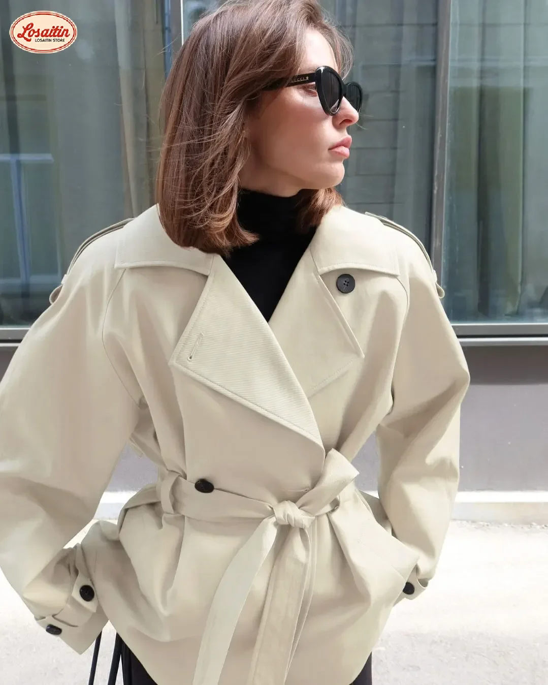 Women's cropped trench coat cotton blend belted waist single breasted with epaulettes