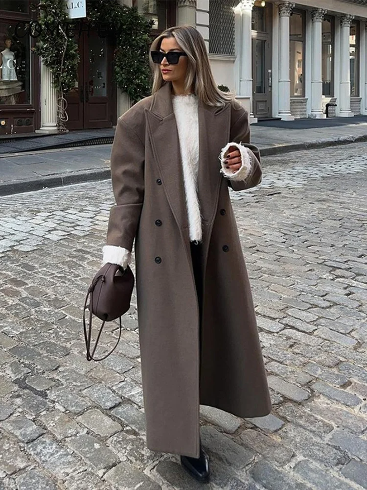 Women's wool long overcoat loose fit double-breasted structured shoulders chic full sleeve coat