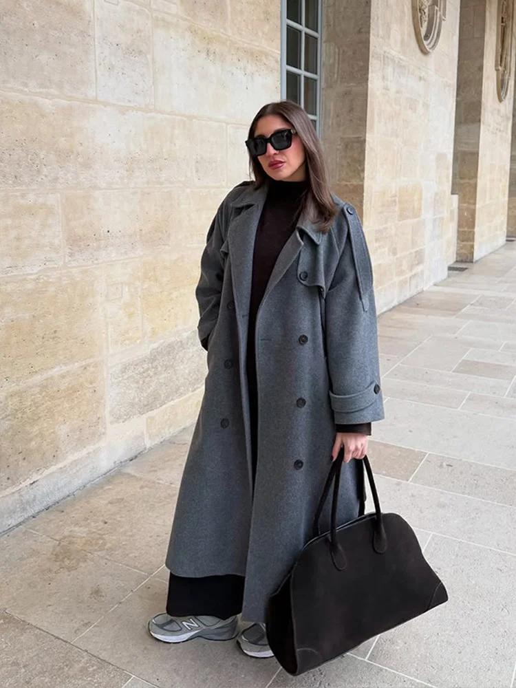 Women's wool long overcoat loose fit double-breasted structured shoulders full sleeve chic style