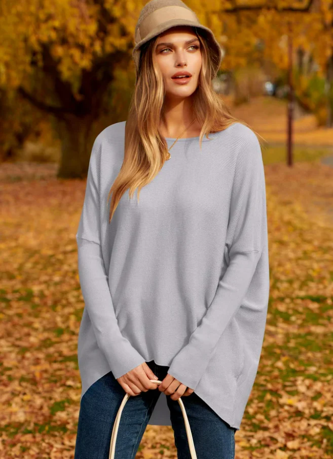 Women's oversized cream wool blend knit pullover sweater, long sleeve hip length relaxed fit