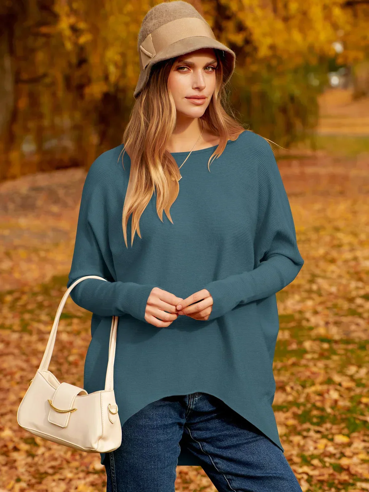 Women's oversized wool blend knit pullover sweater, long sleeve hip length relaxed fit