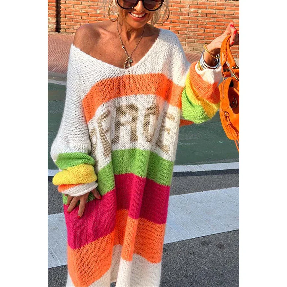 Cream oversized off-shoulder wool knit sweater with long length and draped neckline