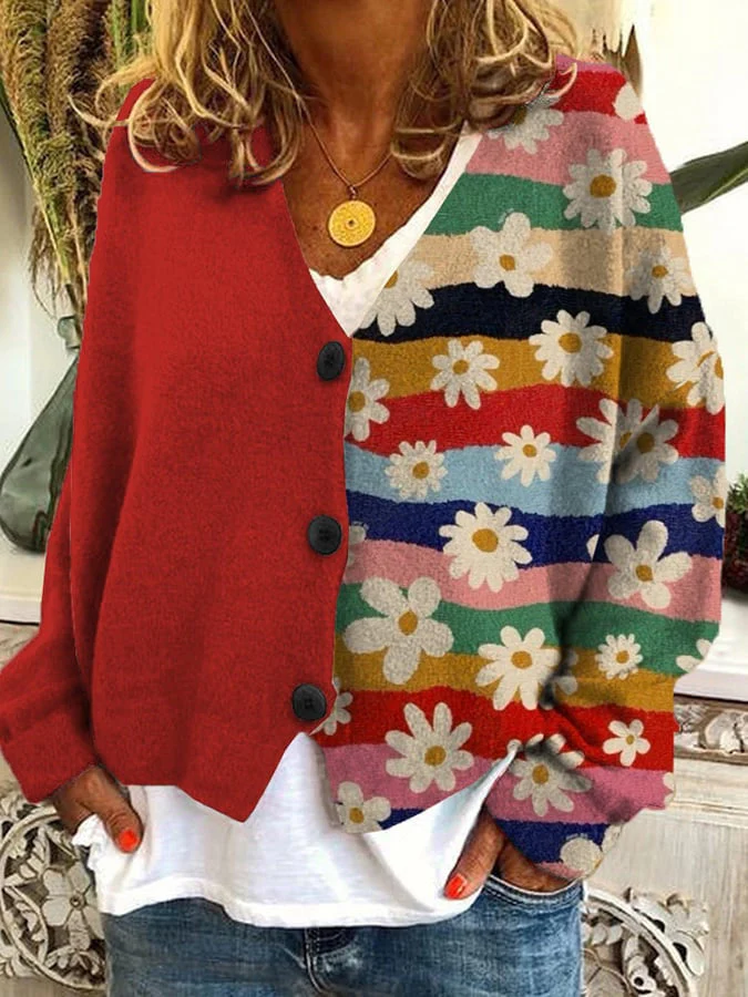 Women's relaxed-fit knit cardigan with patchwork floral detail and button front closure