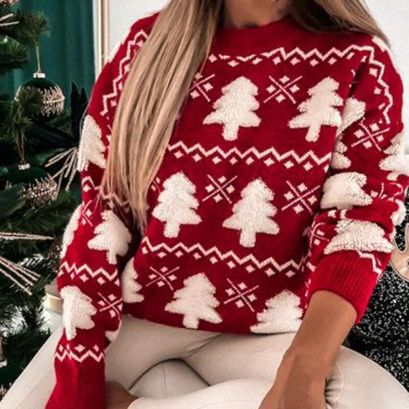Women's relaxed fit wool knit sweater with pine tree pattern and ribbed trim