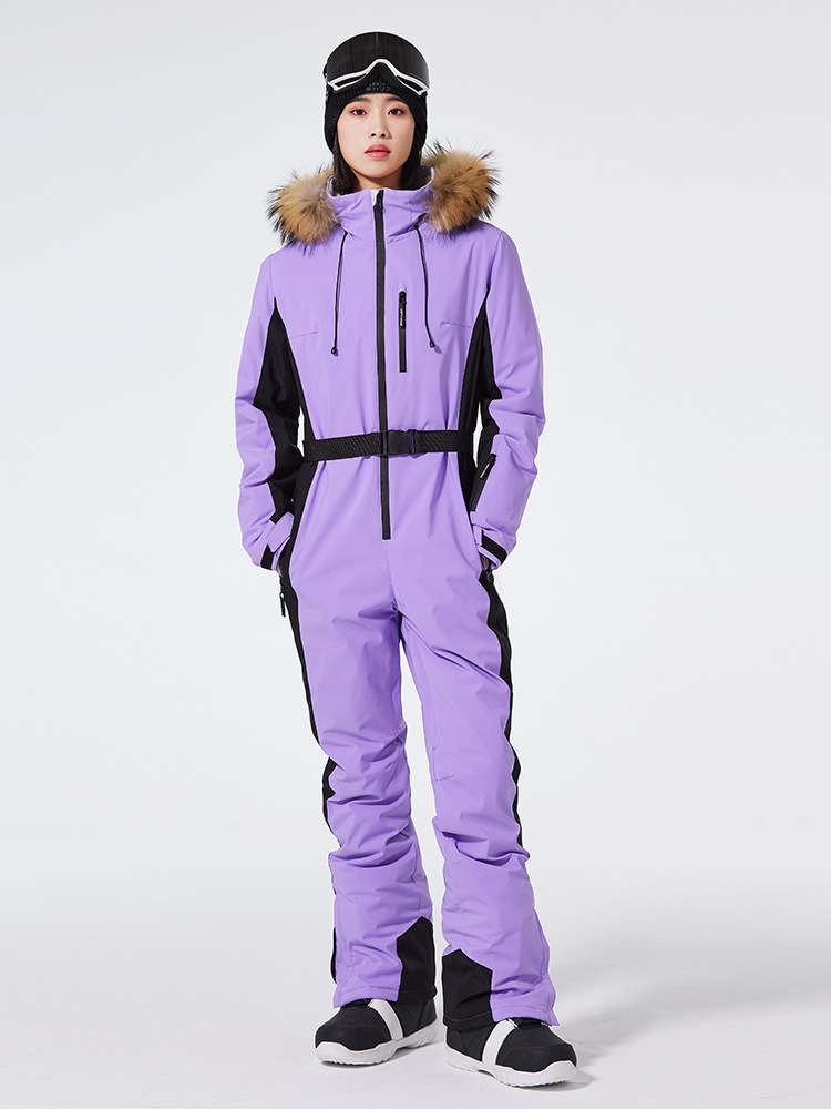 Women's slim fit one-piece ski suit, windproof waterproof hooded belted design for slopes