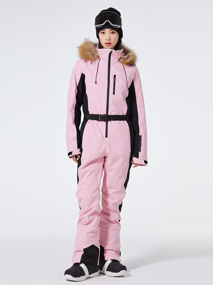 Women's slim fit one-piece ski suit in windproof waterproof fabric with hooded belted design