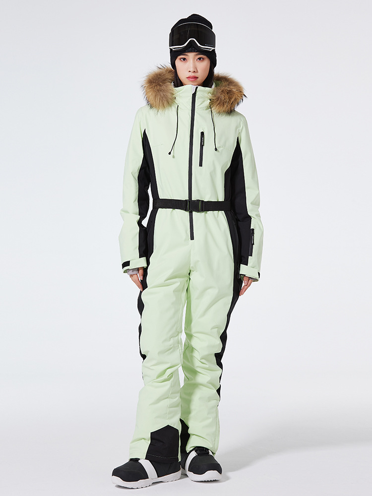 Women's slim-fit one-piece ski suit in windproof waterproof fabric with hooded belted design