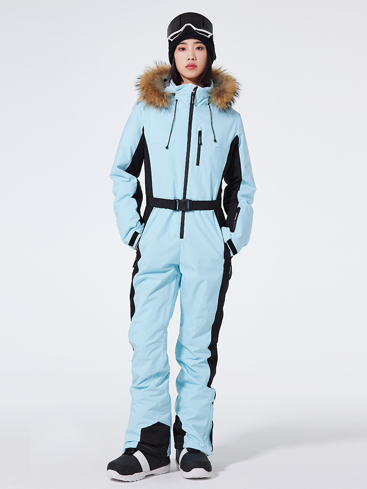 Women's slim-fit one-piece ski suit in bold color, windproof waterproof hooded belted design for slopes