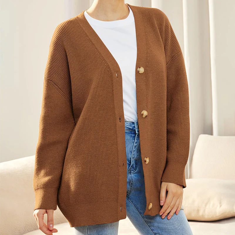 Women's chunky knit cardigan, neutral V-neck button-front long sleeve relaxed hip-length silhouette