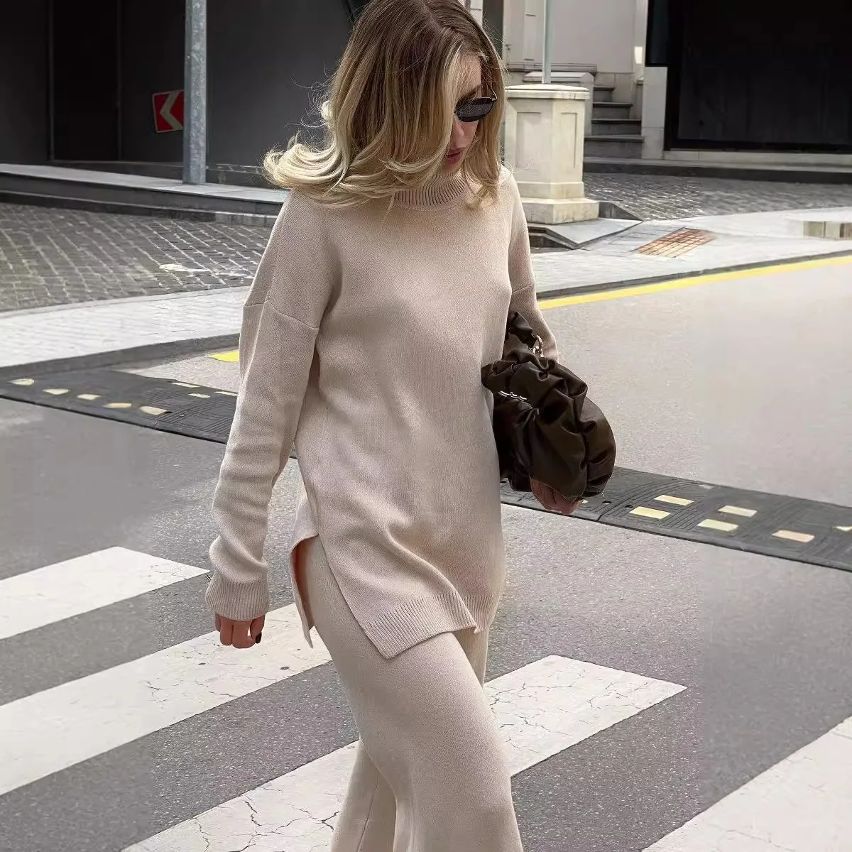 Women's cream oversized turtleneck sweater, fine gauge knit tunic length with ribbed cuffs
