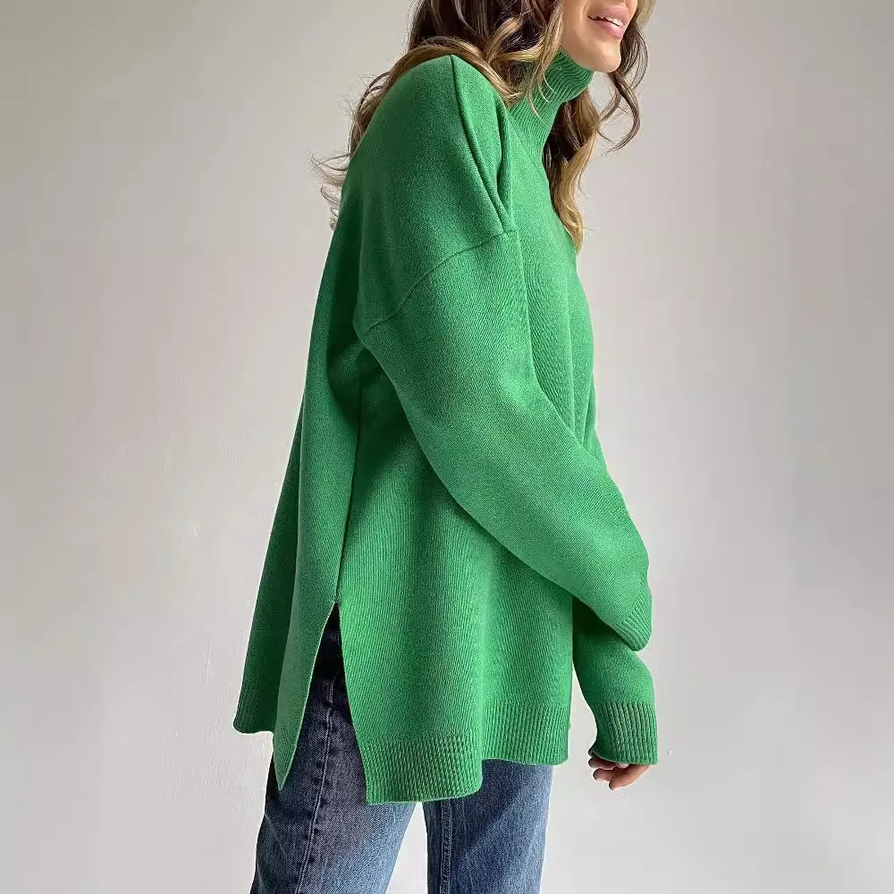 Women's oatmeal fine gauge knit oversized turtleneck sweater with ribbed cuffs, tunic length