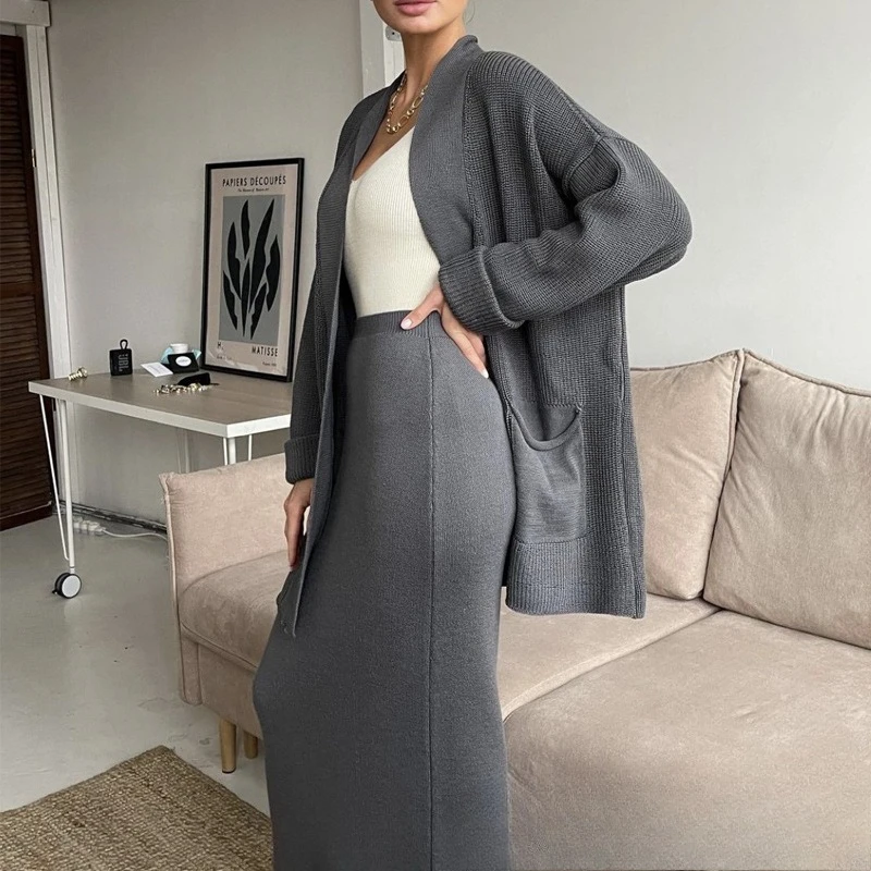 Women's knit two-piece set oversized cardigan high waist midi skirt coordinated ensemble