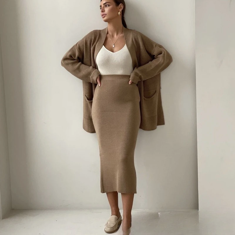 Women's knit two-piece set oversized cardigan high waist midi skirt coordinated elegant ensemble