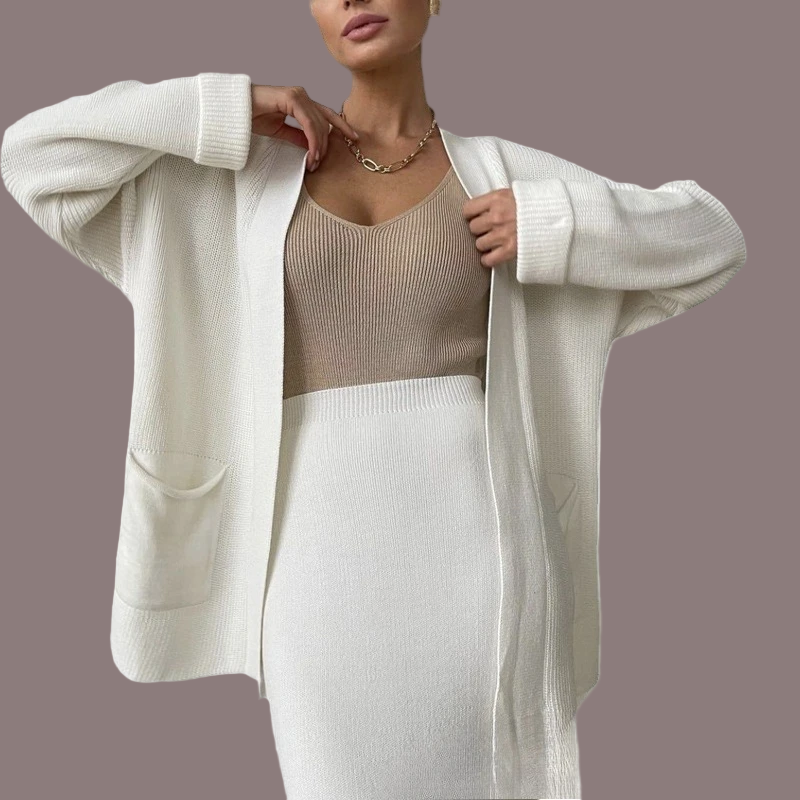 Women's knit two-piece set oversized cardigan high waist midi skirt coordinated ensemble