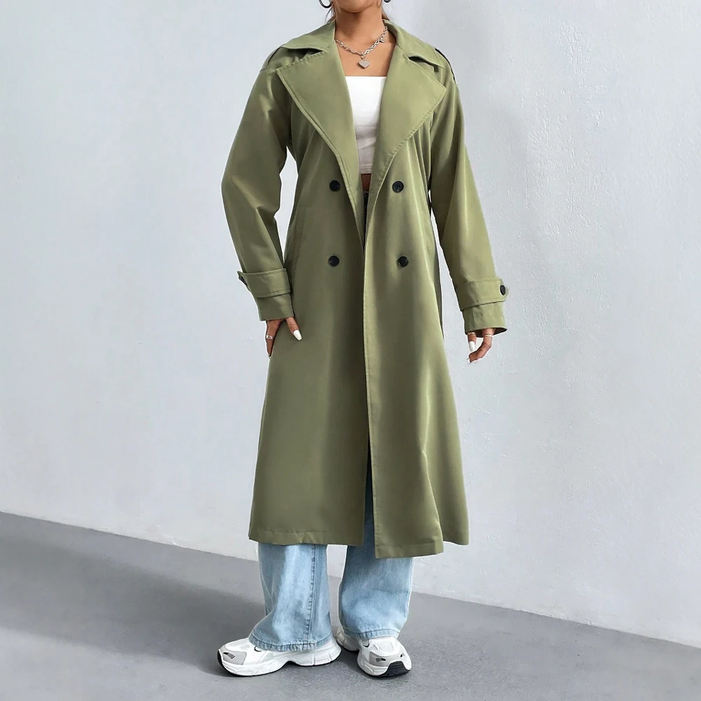 Women's full-length double-breasted trench coat cotton blend lapel collar classic daily style