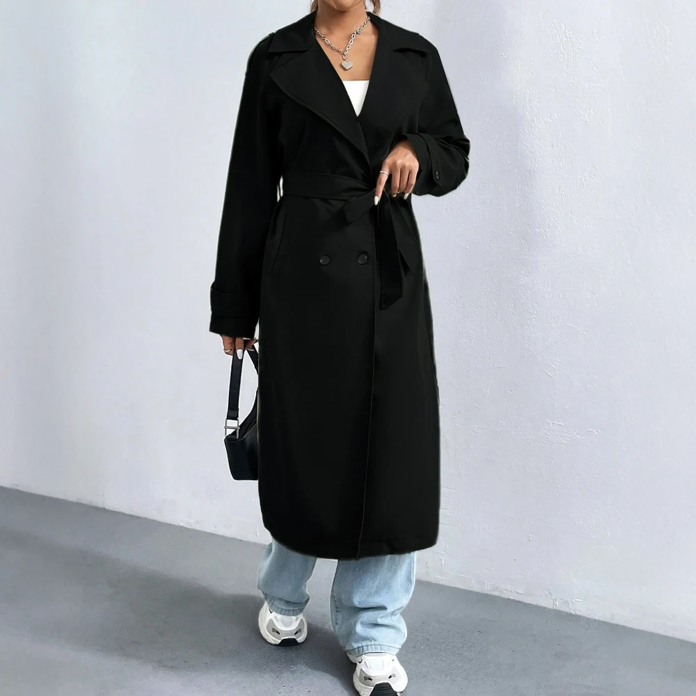 Women's full-length double-breasted trench coat cotton blend lapel collar classic daily outerwear