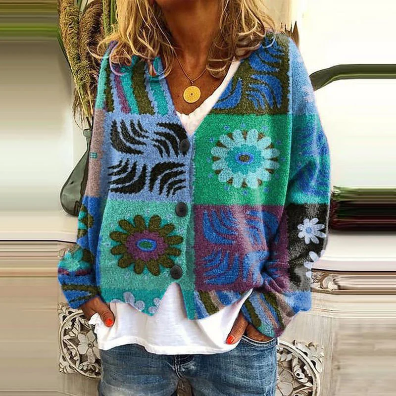 Women's relaxed-fit knit cardigan with patchwork floral detail and button front, bohemian style