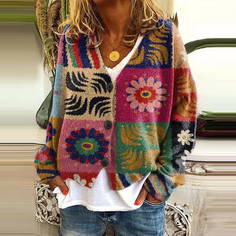 Women's relaxed-fit knit cardigan with patchwork floral detail and button front closure