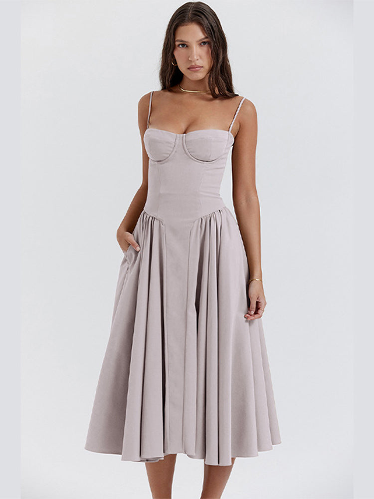 Women's long tank-style wedding guest dress in elegant evening silhouette with vintage-inspired clean lines