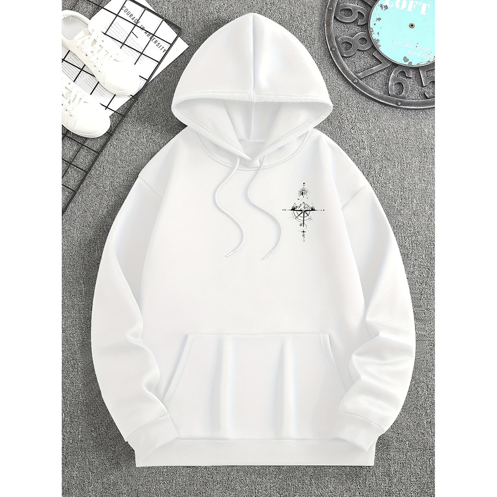 Men's regular fit cotton hoodie with drawstring hood and compass print for casual wear