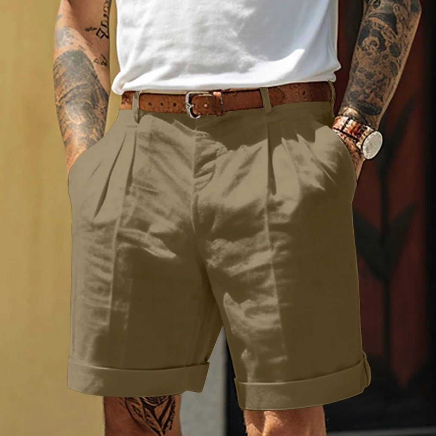 Men's white pleated cotton-linen blend shorts with cuffed hem, classic relaxed fit for everyday wear