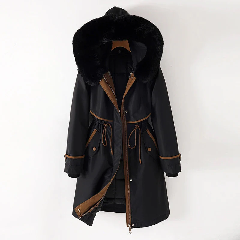 Women's winter parka jacket quilted lining fur trim hood adjustable waist zip closure warm coat