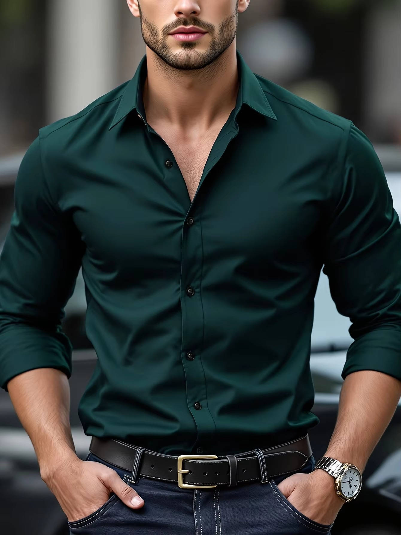 Men's slim fit long sleeve button-down dress shirt with cuffs, four-way stretch fabric office casual