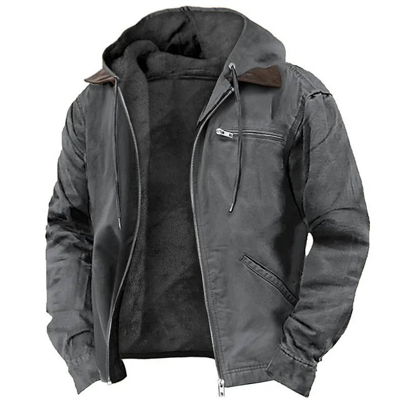 Men's lightweight hooded fleece jacket with full zipper, windproof polyester shell for winter warmth