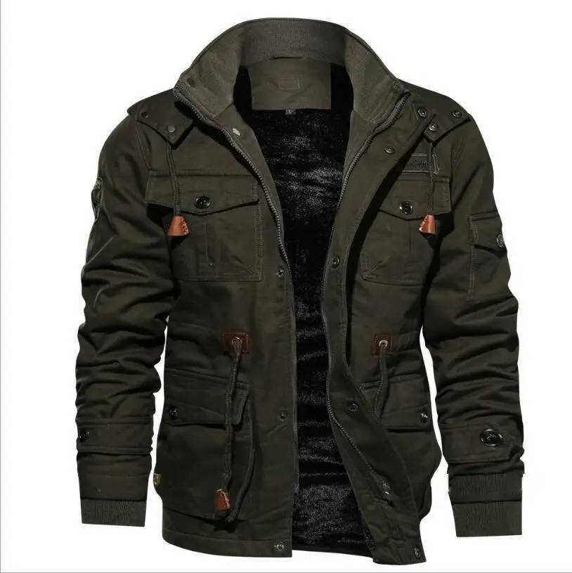 Men's tactical winter jacket with warm liner, cargo pockets, rugged polyester shell for outdoor use