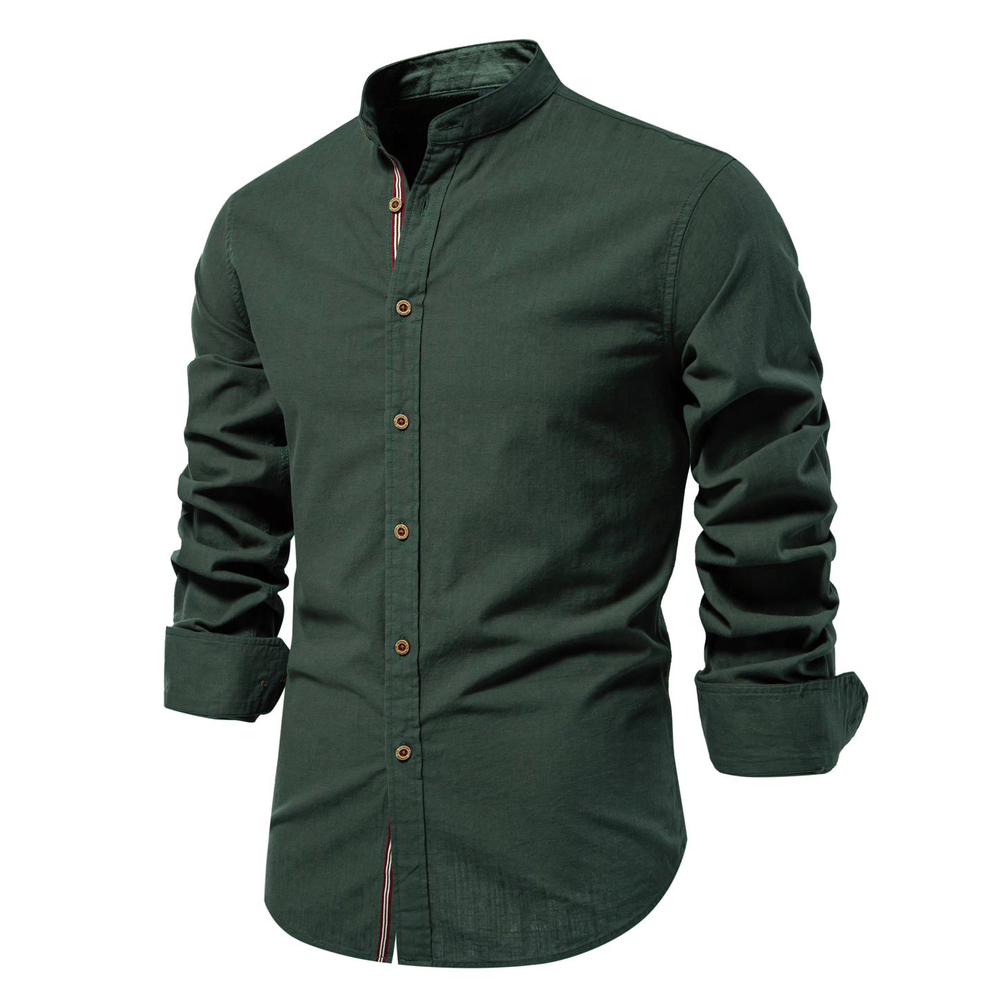 Men's slim fit mandarin collar button-down shirt in cotton-linen blend for a polished modern look