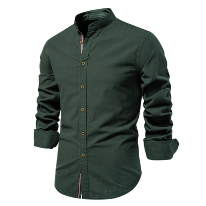 Men's slim fit mandarin collar button-down shirt in cotton-linen blend for a polished modern look