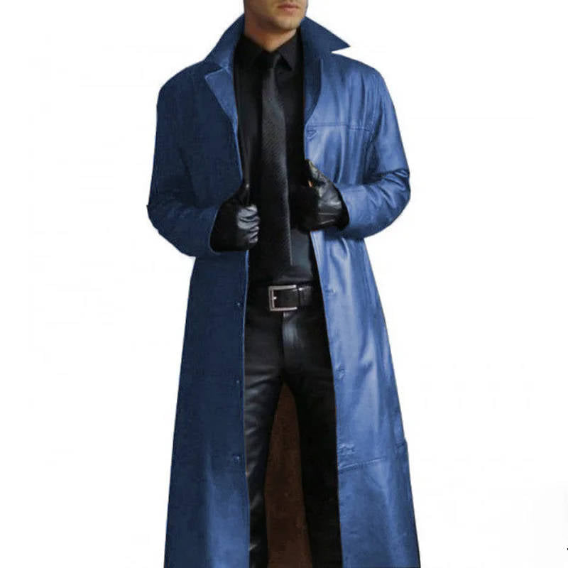 Men's brown vegan leather trench coat with windproof turn-down collar and vintage long cut