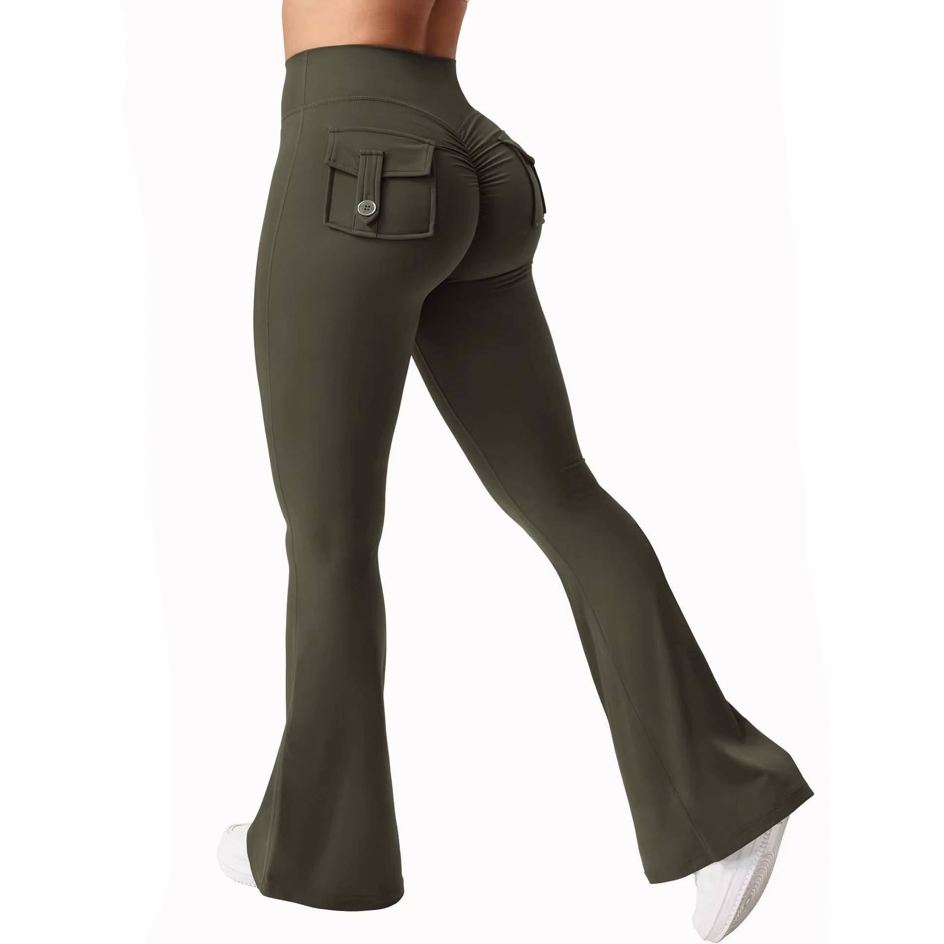 Women's high waist flared leggings with pockets, black, stretchy yoga fit with wide waistband