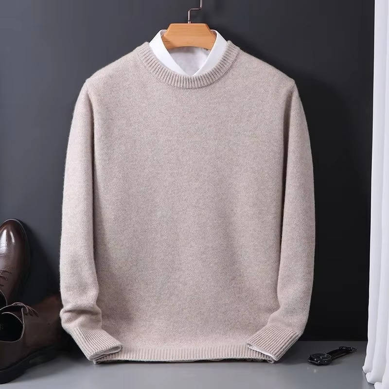 Men's light blue crew neck knit sweater with mock collar detail, cozy wool blend pullover