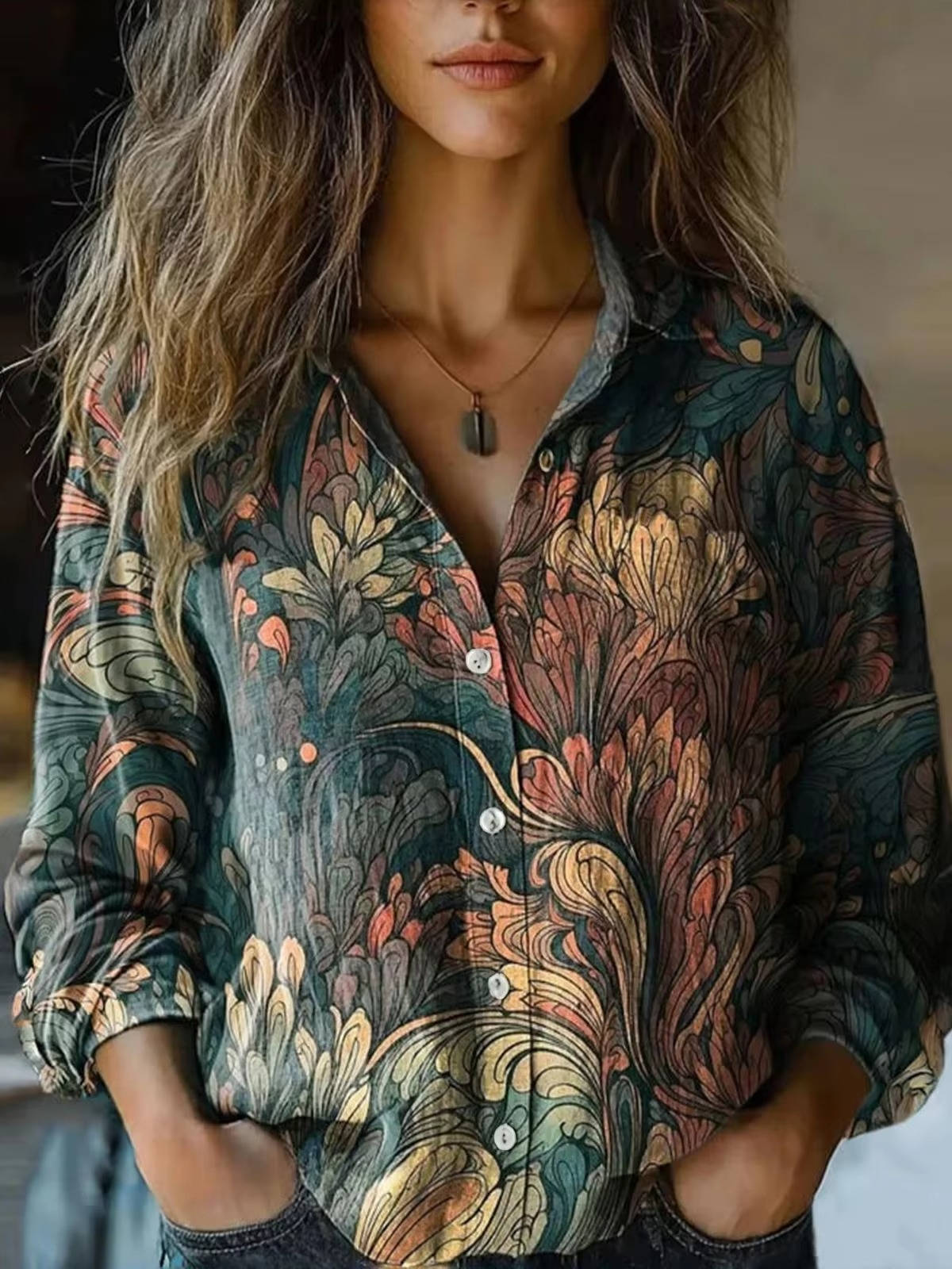 Women's floral long sleeve cotton linen blouse with fold-down collar, breathable lightweight feminine fit