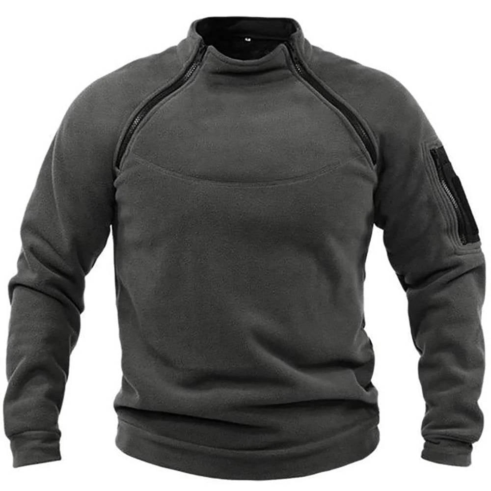 Military green tactical fleece pullover sweater with quick-access pockets, slim athletic cut