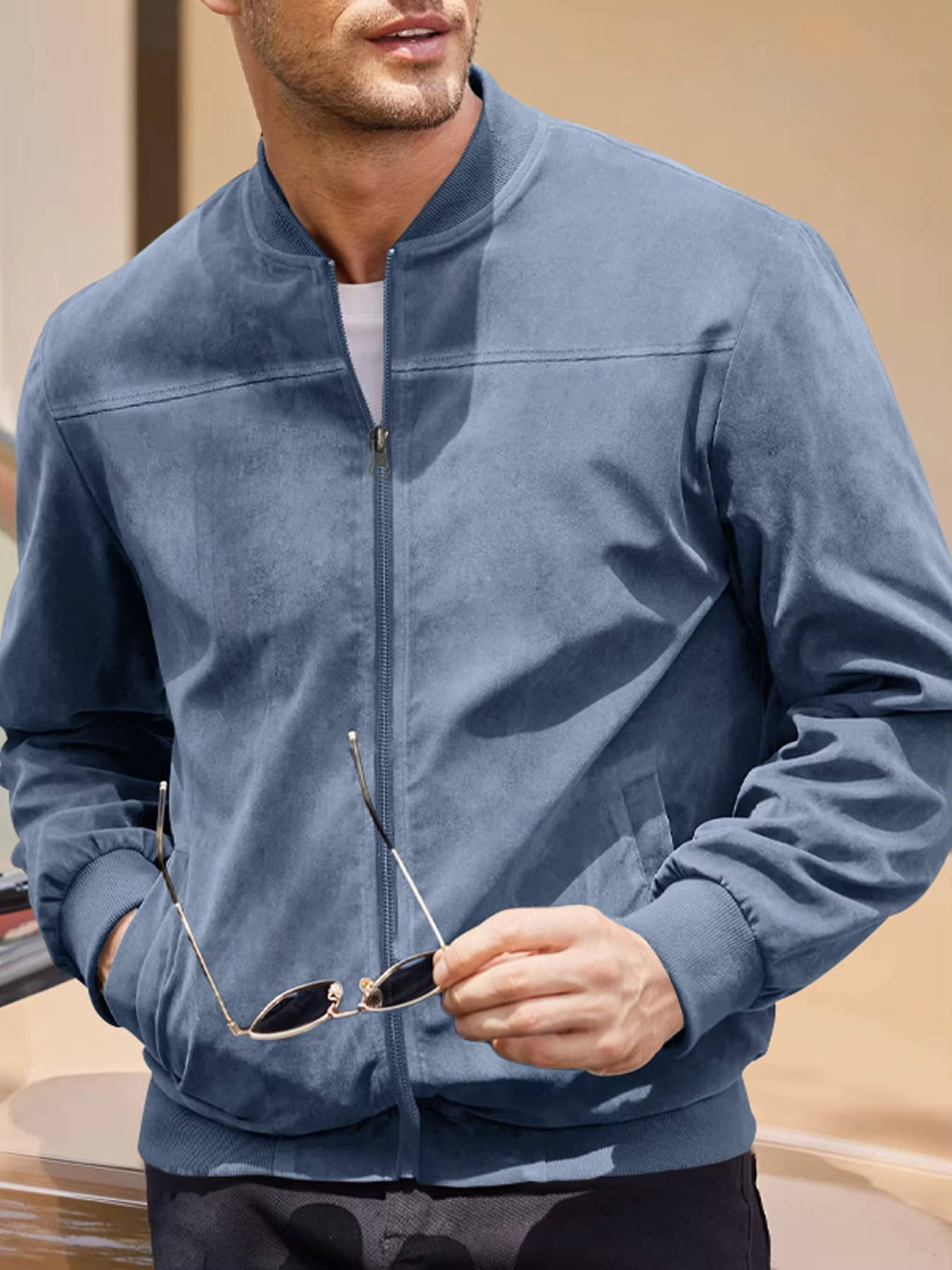 Men's lightweight suede bomber jacket windproof water-repellent all-season stylish outerwear