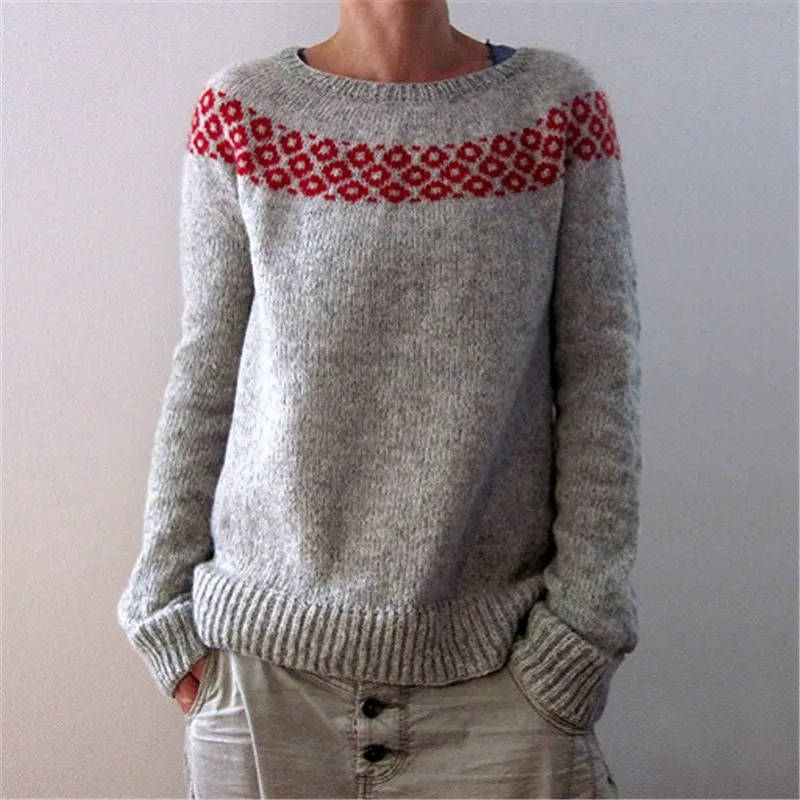 Women's soft wool Nordic sweater with Fair Isle mountain landscape print, cozy everyday warmth