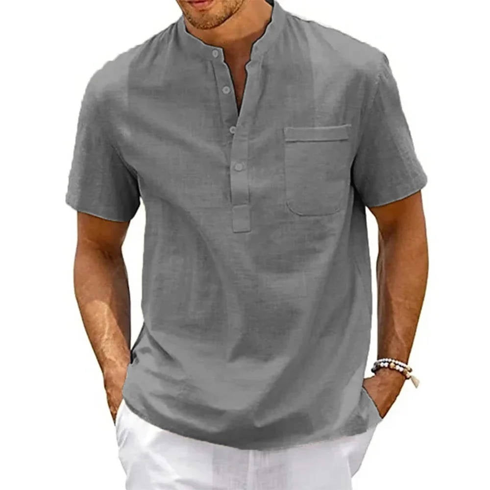Beige men's linen Henley shirt, short sleeves, relaxed fit casual summer top with chest pocket